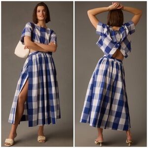 🧺 Anthropologie, Sunday in Brooklyn, Blue & White Plaid Side-Slit Skirt